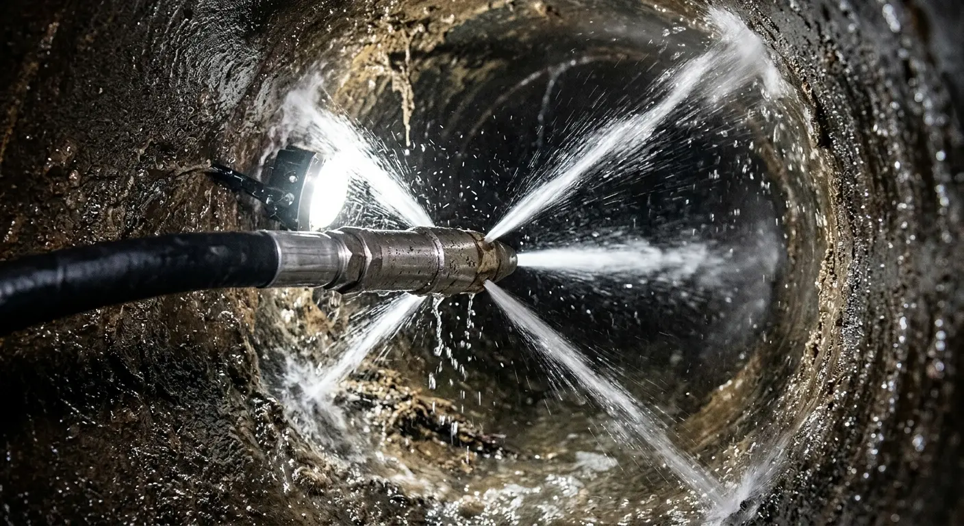 High-pressure hydro jetting nozzle cleaning sewer pipe for Trenchless Sewer Repair in Booneville