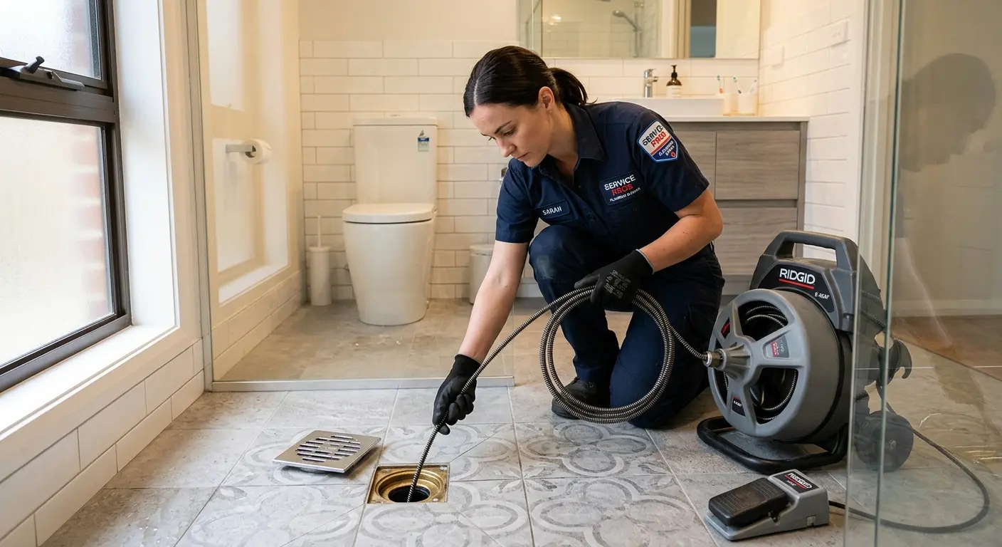 Technician clearing a bathroom floor drain for Clogged Drain Repair in Booneville